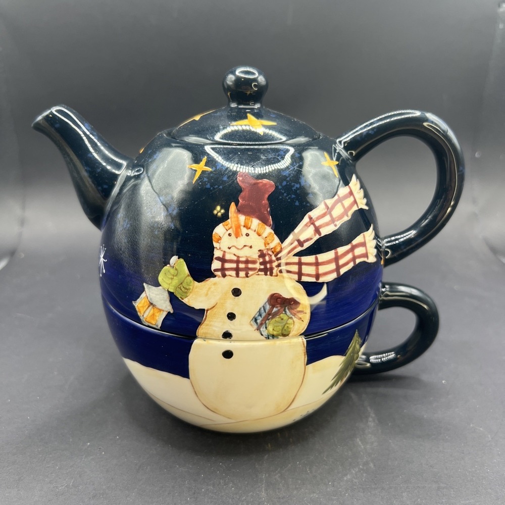 2003 Wongs Snowman Tea For One Ceramic Teapot Holiday Decor Snowman Adorable!